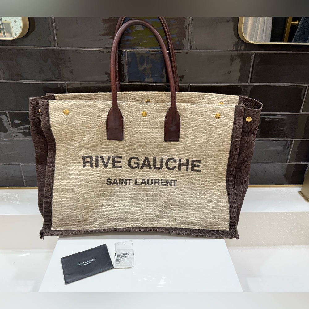 Saint Laurent Rive Gauche Canvas Tote - Brown and Cream